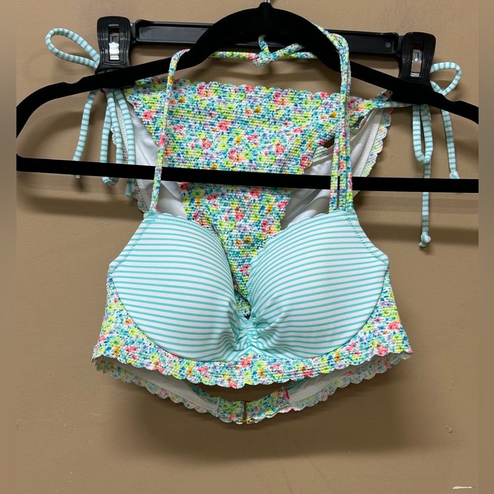 Victoria Secret Bikini Blue Stiped with Micro Floral Print Size Small - Picture 1 of 9